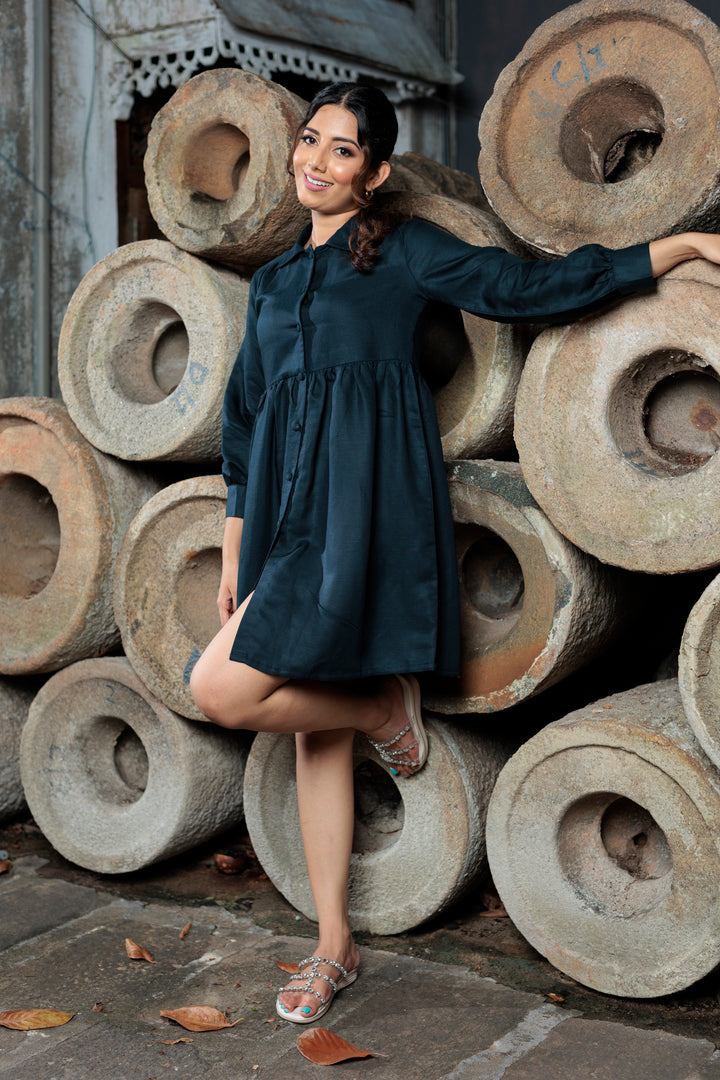 Women’s gathered above knee shirt dress, front view
