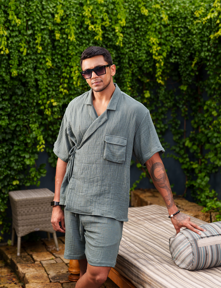 “Men’s wraparound shirt and short set, front view