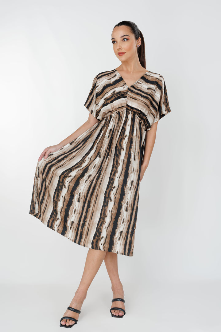 Women’s gathered detailed printed dress, front view