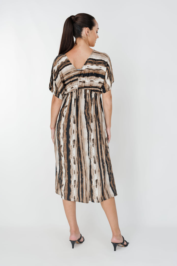 Women’s gathered detailed printed dress, back view