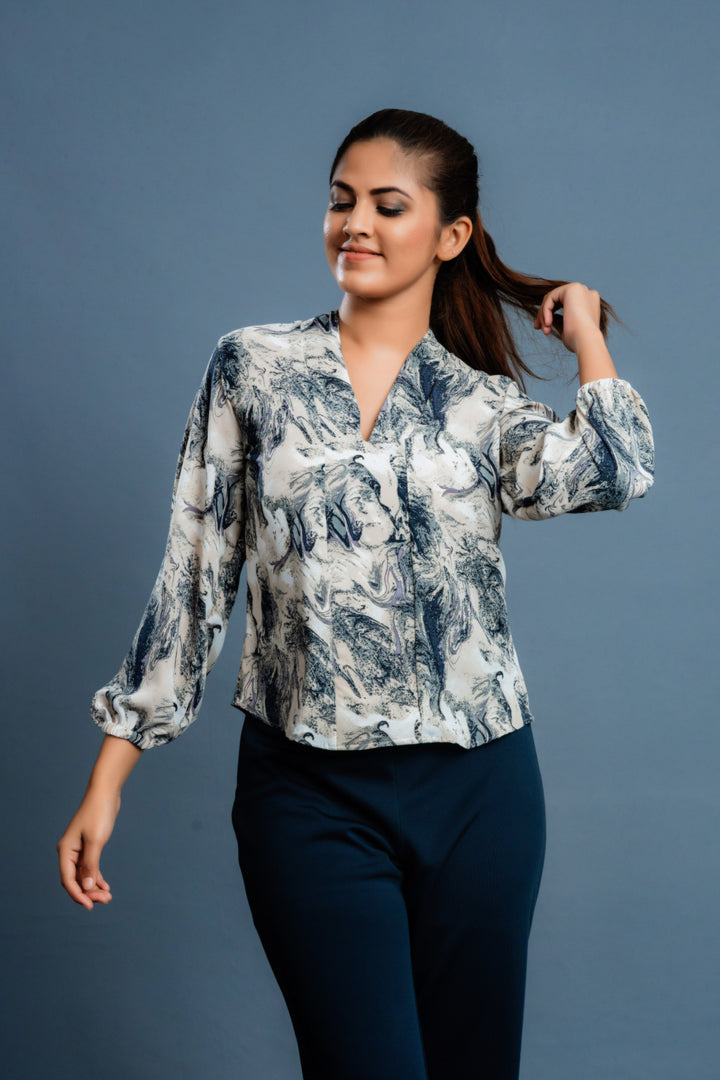 Women’s gorge print Y-neck blouse, front view