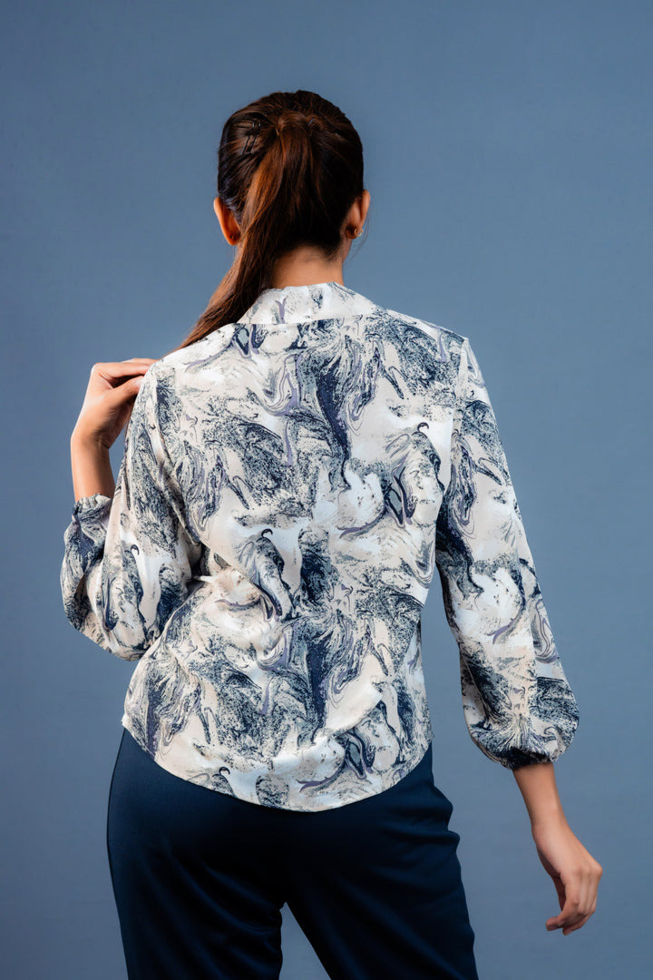 Women’s gorge print Y-neck blouse, back view