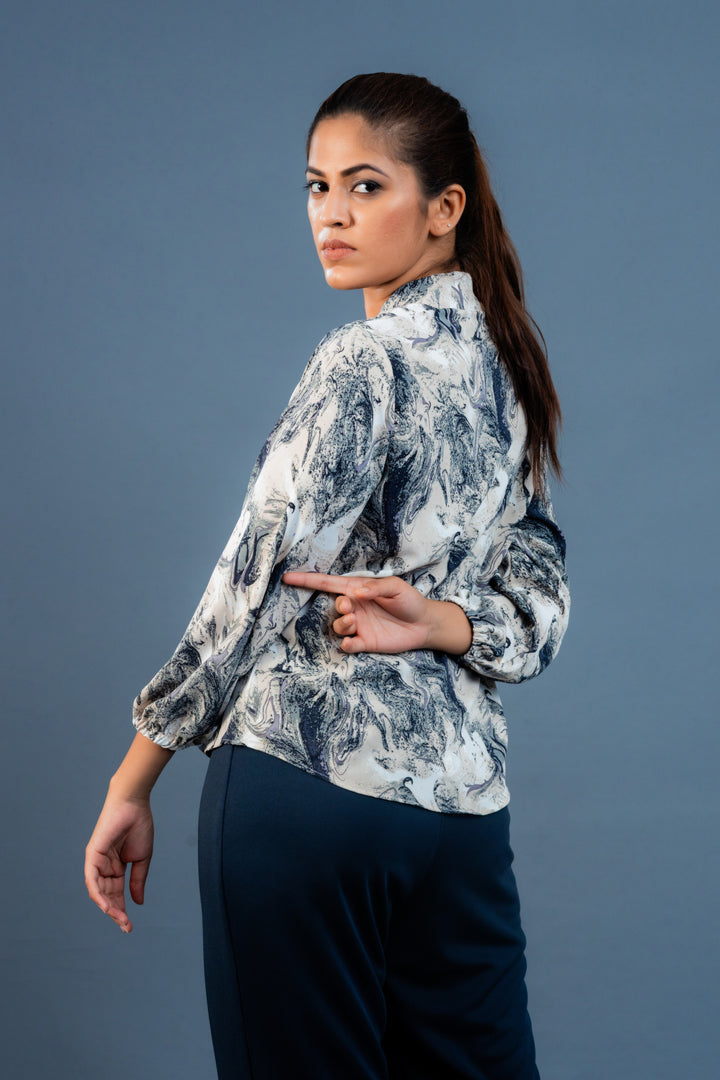 Women’s gorge print Y-neck blouse, side view