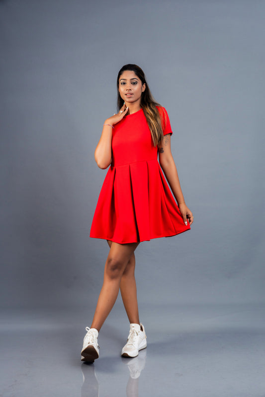 Women’s box pleat mini dress, front view