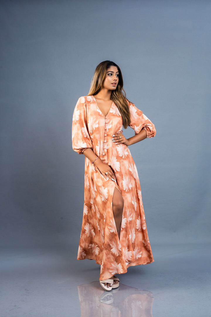Women’s long printed linen dress, front view