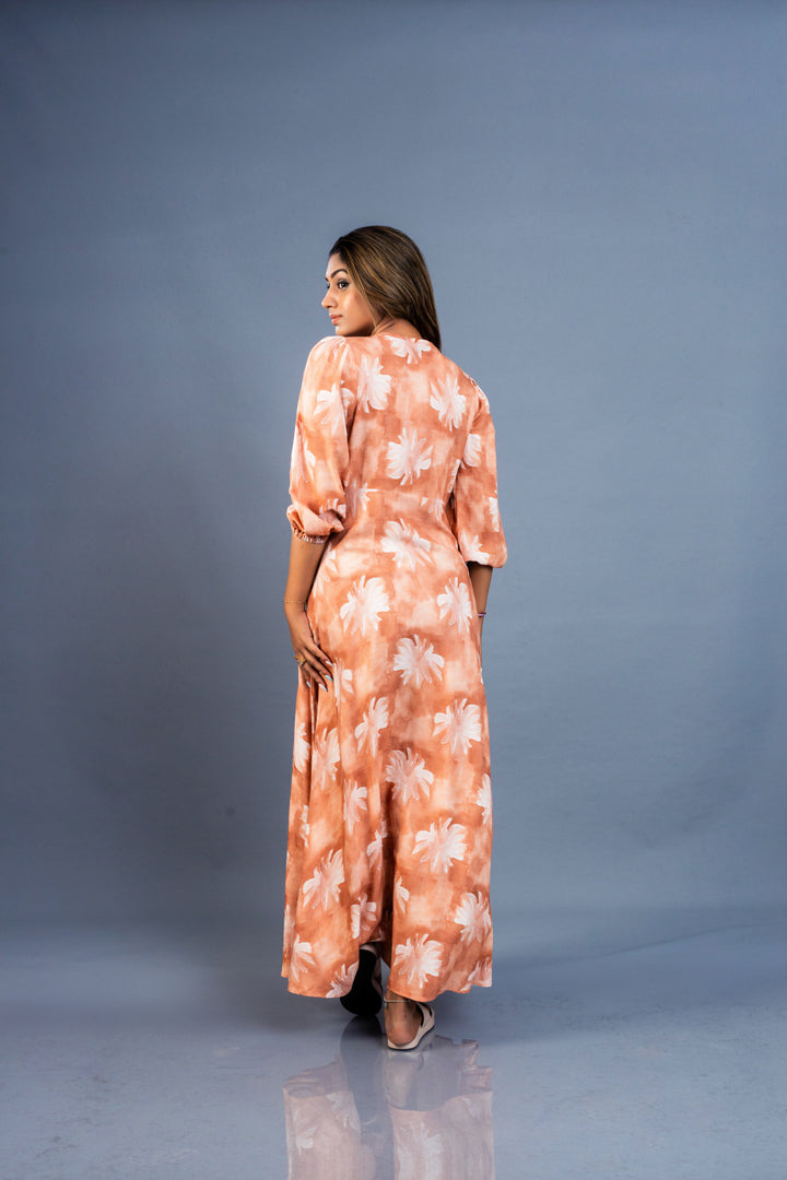 Women’s long printed linen dress, back view