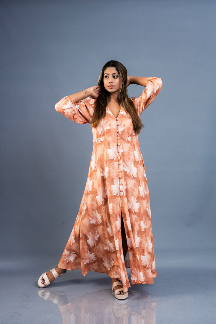 Women’s long printed linen dress, front view