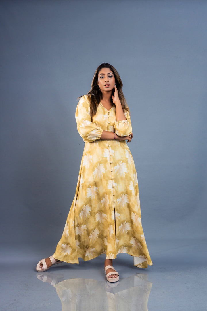 Women’s long printed linen dress, front view