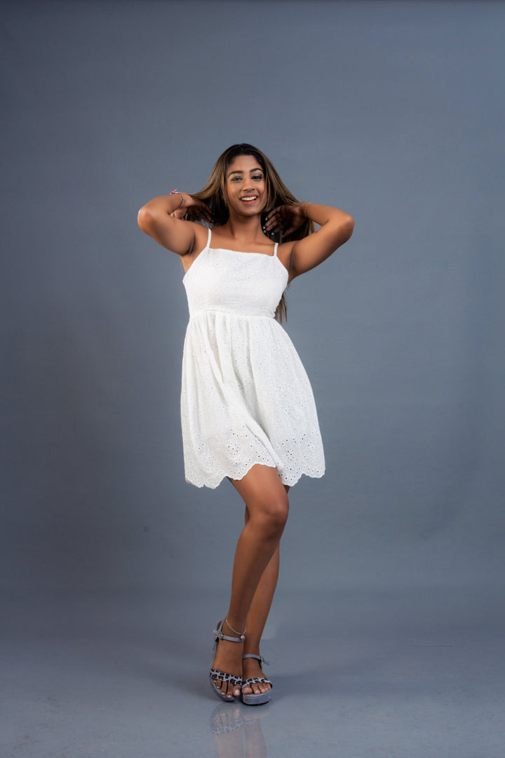 Women’s curved hem mini cutlawn dress, front view