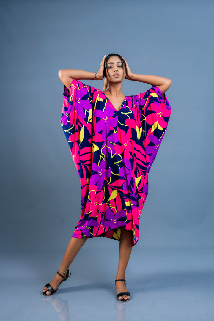 Women’s printed caftan dress, front view