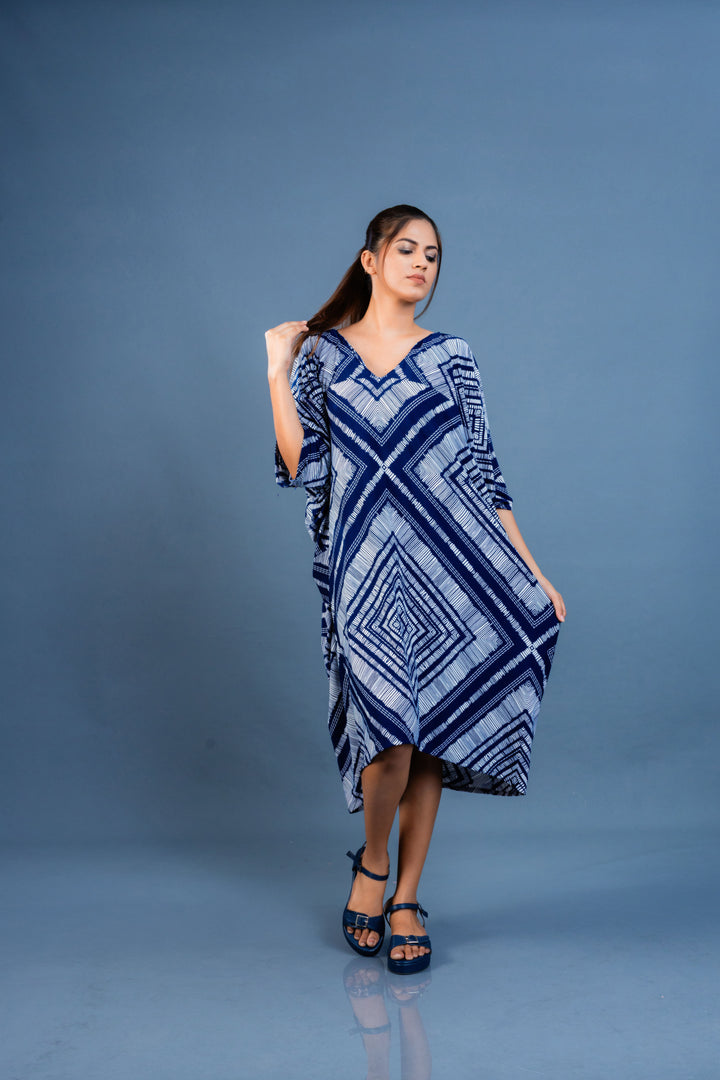 Women’s printed caftan dress, front view