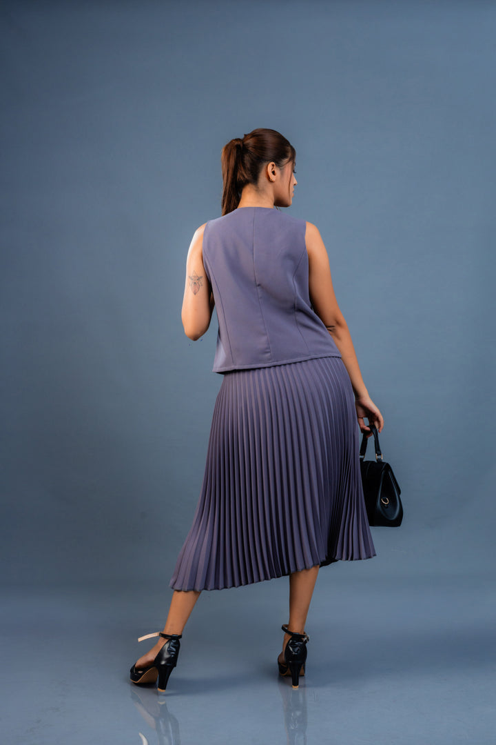 Women’s sharp cut waistcoat and pleat skirt set, front view