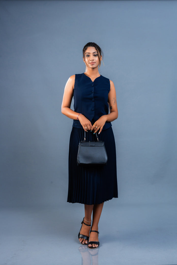 Women’s sharp cut waistcoat and pleat skirt set, front view