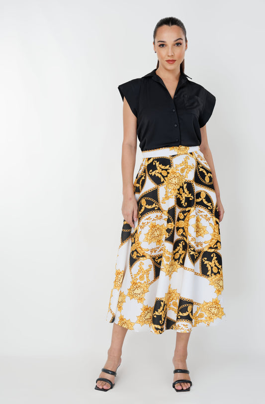 Women’s collared top and skirt set, front view