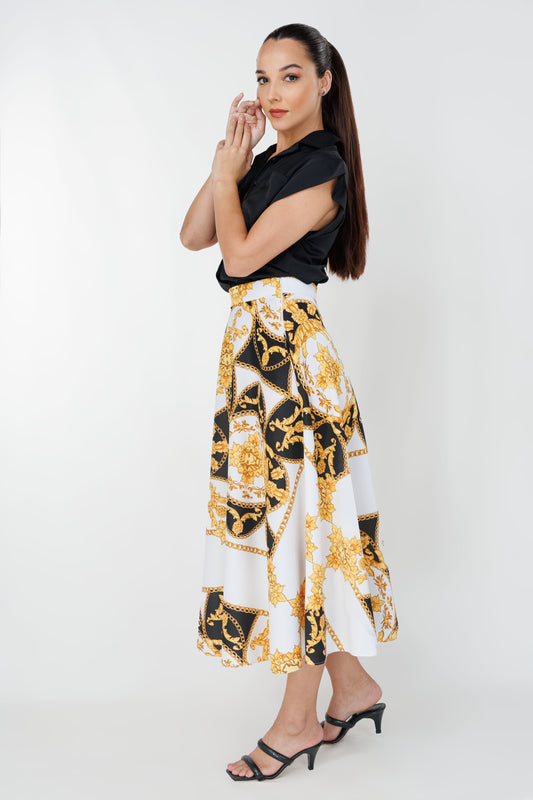 Women’s collared top and skirt set, side view